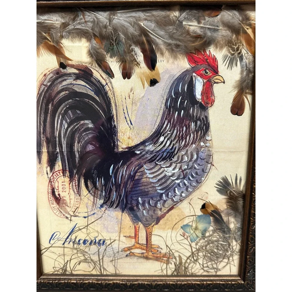 Rooster Picture Art Bronze Ornate Frame‎ Real Feather Accents Ancona Folk Art